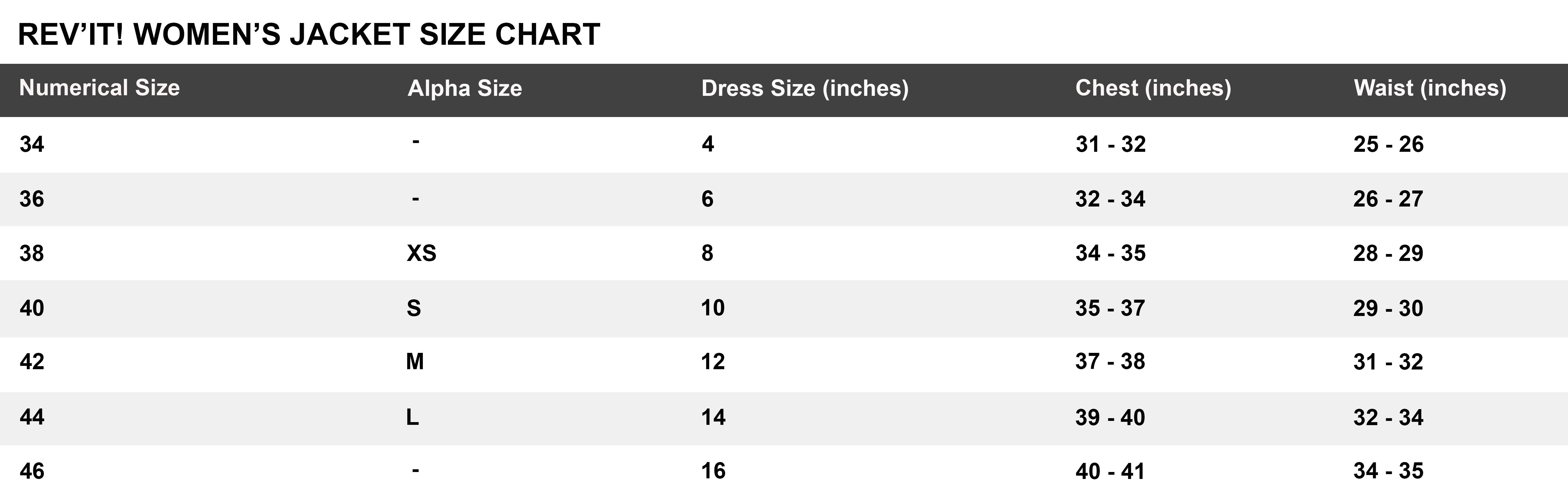 REV’IT! Woman Jacket Size Chart | Singapore Racing World